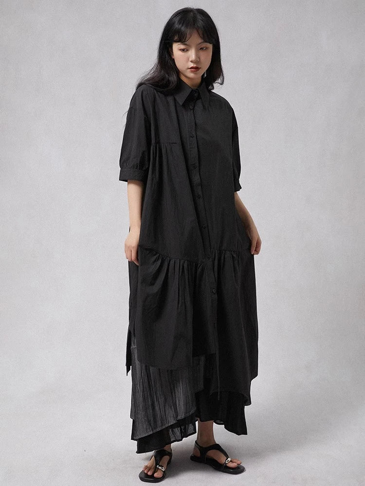XITAO Irregular Pleated Turn-down Collar Dress Single Breasted Solid Color A-line Loose Half Sleeve Summer Female Dress GYX1656