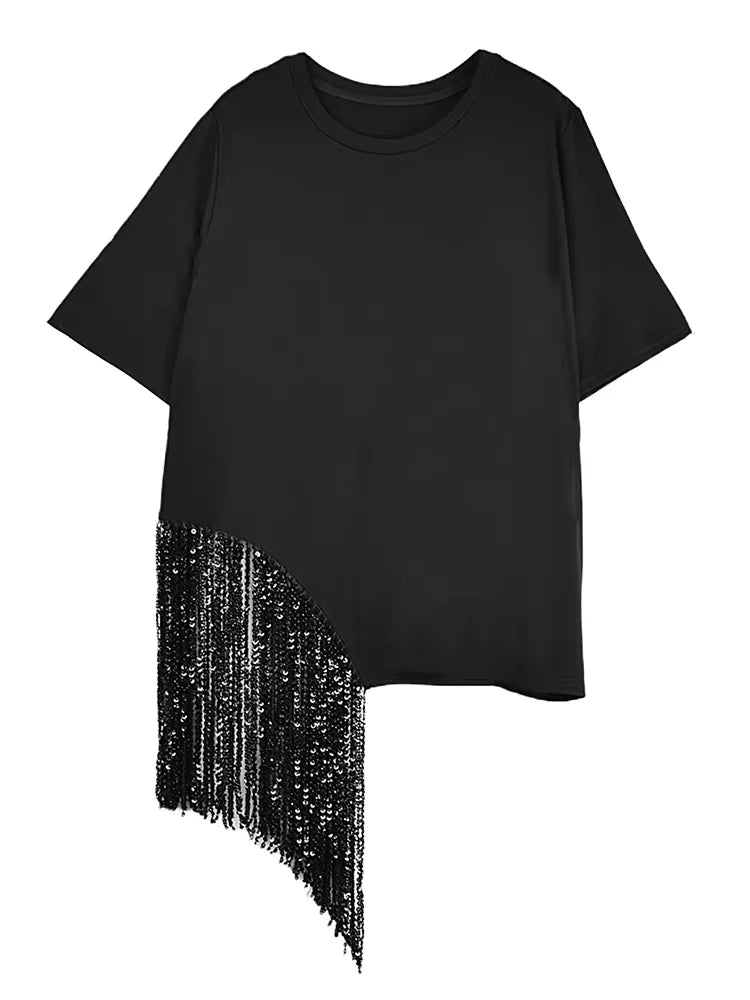 XITAO Loose Tassels Asymmetric Women T-shirt Fashion Trend Short Sleeve O-neck Women Temperament All-match Simple Top ZMY1176