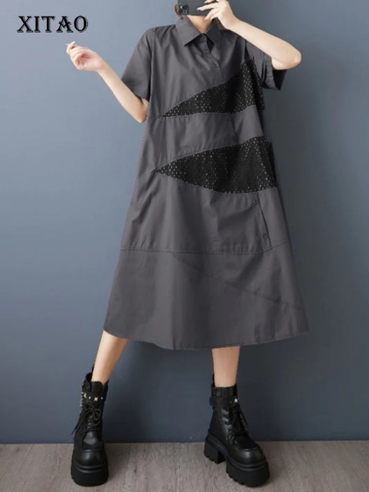 XITAO Patchwork Turn-down Collar Loose Dress Slimming Gauze Solid Color Short Sleeve Fashion Casual Summer Woman Dress HQQ2507