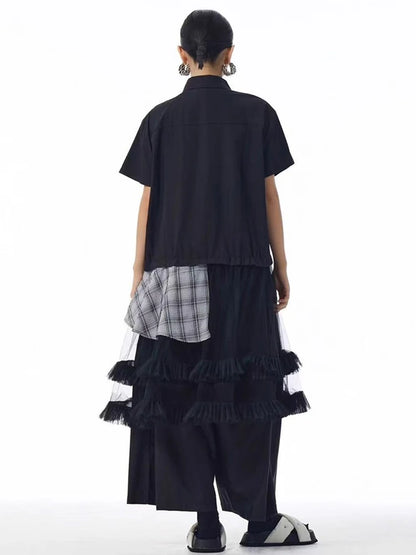 XITAO Loose Plaid Patchwork Shirt Dress Personality Mesh Women Summer Temperament All-match Turn-down Collar Dress ZMY1394