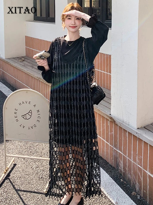XITAO Hollow Out Full Sleeve Female Dress Casual Loose Fitting Two Pieces O-neck Pullover New Arrival Spring Women Dress ZMY1185