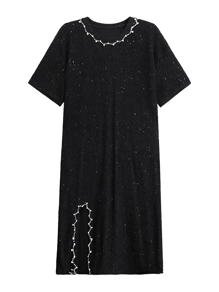 XITAO Embroidered Flares Patchwork Asymmetrical Dress Solid Color O-neck Pullover Slimming All Match Temperament Dress ZMY1186