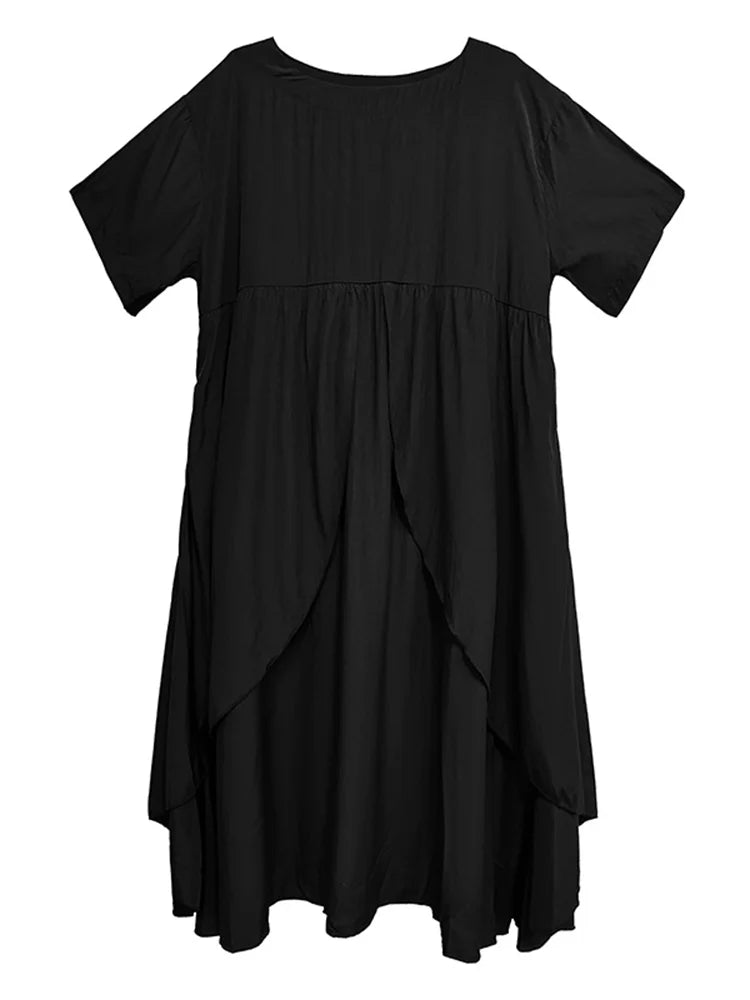 XITAO Irregular O-neck Loose Dress Solid Color Short Sleeve Patchwork Simple Casual Elegant All-match Summer Woman Dress ZMY1381