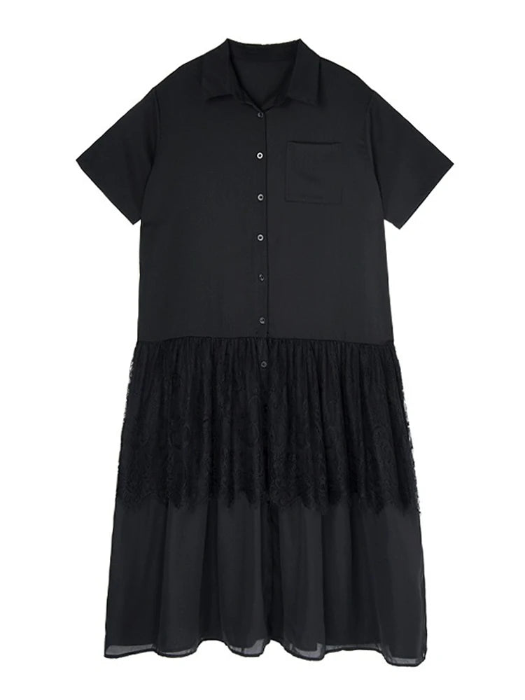 XITAO Lace Patchwork Gauze Single Breasted Dress Solid Color Turn-down Collar Short Sleeve Loose Women Slimming Dress ZMY1249