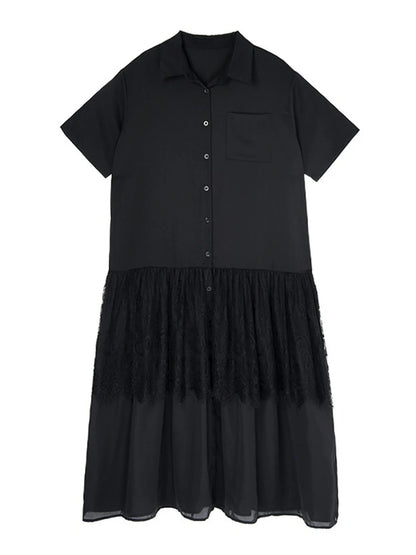 XITAO Lace Patchwork Gauze Single Breasted Dress Solid Color Turn-down Collar Short Sleeve Loose Women Slimming Dress ZMY1249