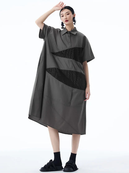 XITAO A-line Short Sleeve Loose Dress Slimming Temperament Patchwork Turn-down Collar Fashion Vintage Summer Woman Dress HQQ2511