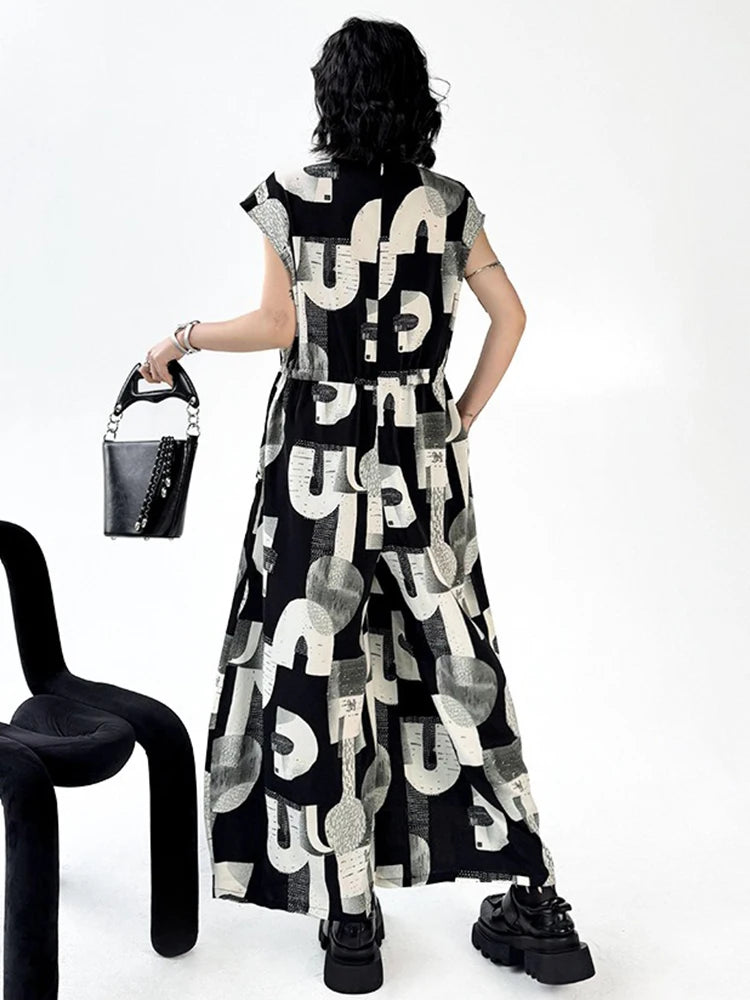 XITAO Contrast Color Print Wide Leg Jumpsuits Slimming Turn-down Collar Drawstring Temperament Summer Woman Jumpsuits ZMY1303