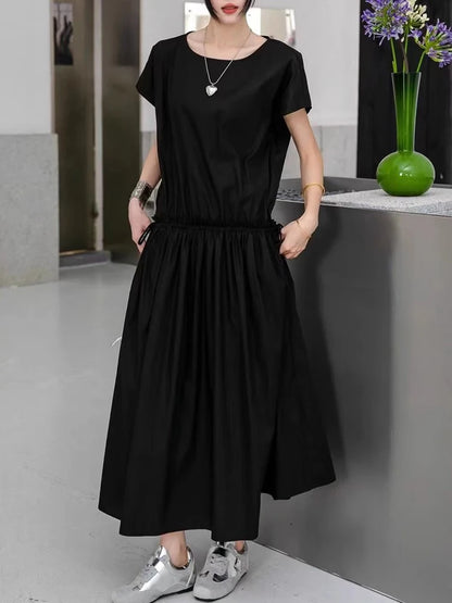 XITAO Pleated O-neck Edible Tree Fungus Female Dress Drawstring Solid Color Loose Fitting A-line Summer Women Dress ZMY1330