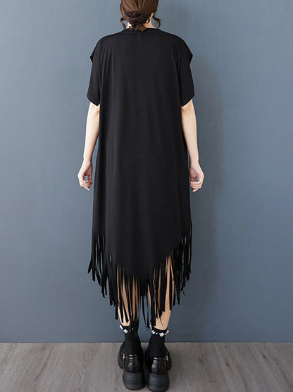 XITAO Asymmetrical Tassel Patchwork Women Dress Solid Color O-neck Pullover Short Sleeve Loose Mid-calf Casual Dress ZMY1170