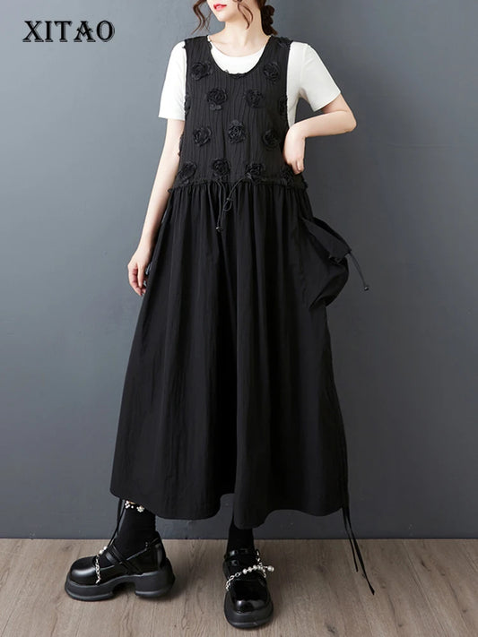 XITAO Pocket Draw String Sleeveless Fenake Dress Three-dimensional Flower Loose O-neck Solid Color Summer Woman Dress ZMY1275