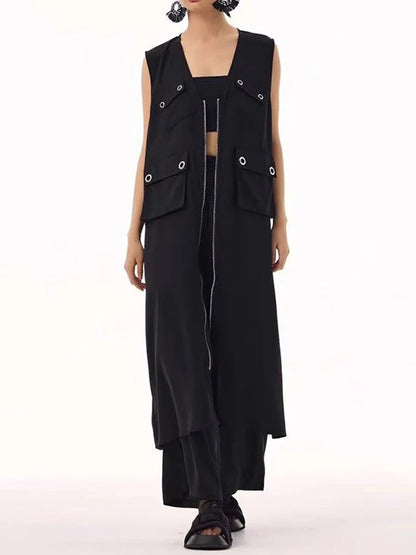 XITAO Sleeveless V-neck Zipper Dress Loose Pocket Patchwork Women Summer Casual A-line Temperament Solid Color Dress ZMY1328