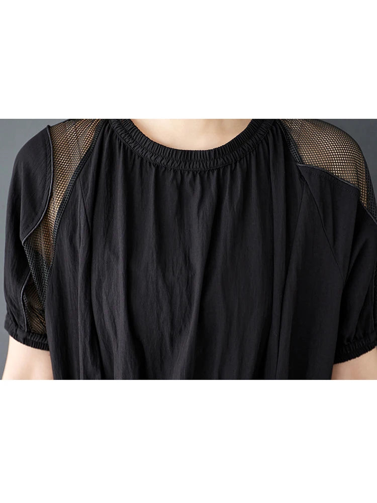 XITAO O-neck Short Sleeve Patchwork Dress Loose Simple Temperament Drawstring Women Solid Color Vintage Summer Dress ZMY1215