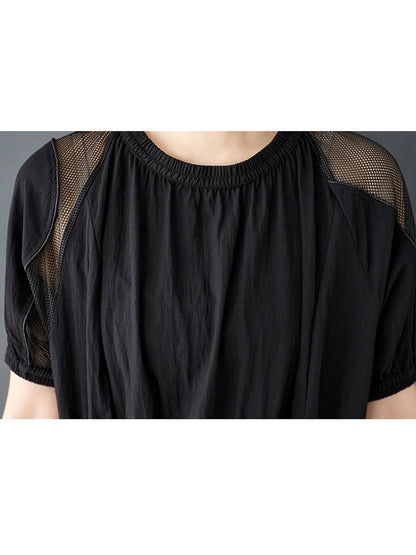 XITAO O-neck Short Sleeve Patchwork Dress Loose Simple Temperament Drawstring Women Solid Color Vintage Summer Dress ZMY1215