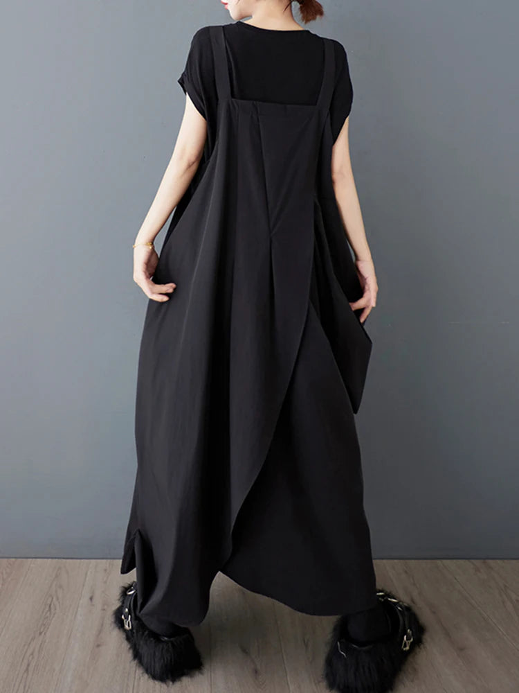 XITAO Irregular Pleated Straps Dress Casual Solid Color Loose Fitting Slimming Sleeveless Simple Button Women Dress ZMY1061