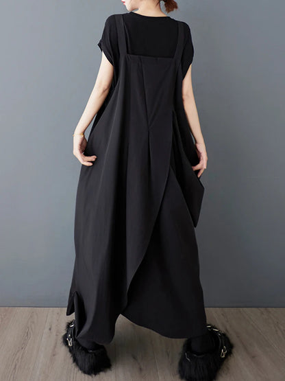 XITAO Irregular Pleated Straps Dress Casual Solid Color Loose Fitting Slimming Sleeveless Simple Button Women Dress ZMY1061