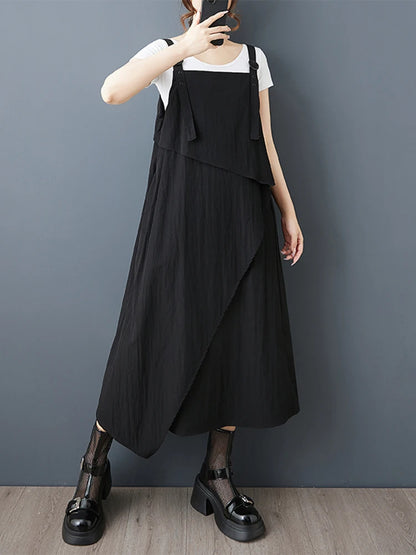 XITAO Asymmetrical Spaghetti Strap Sleeveless Dress Solid Color Pocket Patchwork Square Collar A-line Slim Women Dress ZMY1286