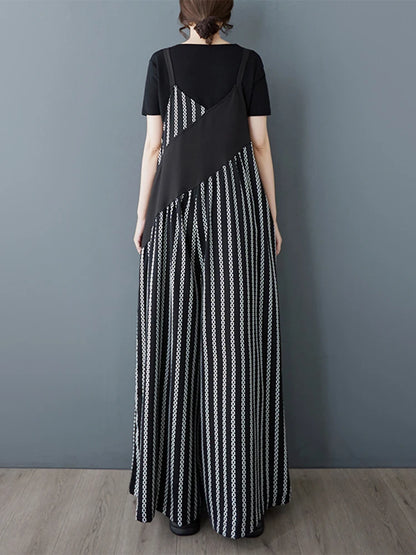 XITAO Contrast Color Patchwork Print Jumpsuits Lace-up V-neck Sleeveless Loose Personality Casual Wide Leg Pants GYX1622