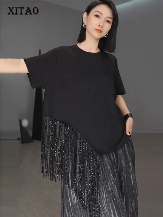 XITAO Casual Asymmetric T-shirt Personality Tassel Patchwork Women Loose O-neck Short Sleeve Slimming All-match Top ZMY1160