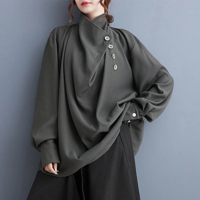 XITAO Half High Collar Pullover Women Blouse Solid Color Button Patchwork Long Sleeve Loose Top 2024 Autumn All Match ZY8895