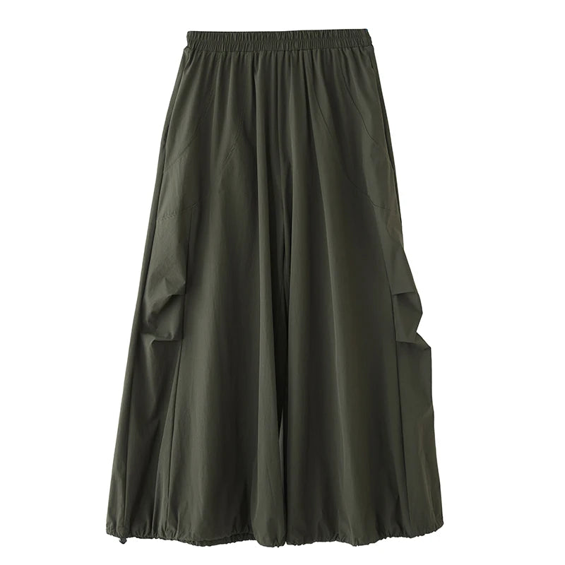 XITAO Shirring Pocket Patchwork Pant Solid Color Elastic Waist Casual Slimming All Match Loose Wide Leg Pants Spring ZY8935