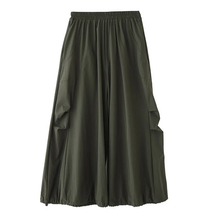 XITAO Shirring Pocket Patchwork Pant Solid Color Elastic Waist Casual Slimming All Match Loose Wide Leg Pants Spring ZY8935