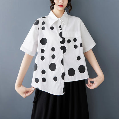 XITAO Patchwork Polka Dot Asymmetric Lapel Shirt Casual Turn-down Collar Short Sleeve Single Breasted Summer Blouse HQQ2453