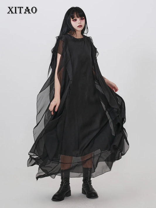 XITAO Gauze Patchwork Pullover Dress Short Sleeve Solid Color Loose O-neck Slim Solid Color All Match Temperament Dress ZMY1392