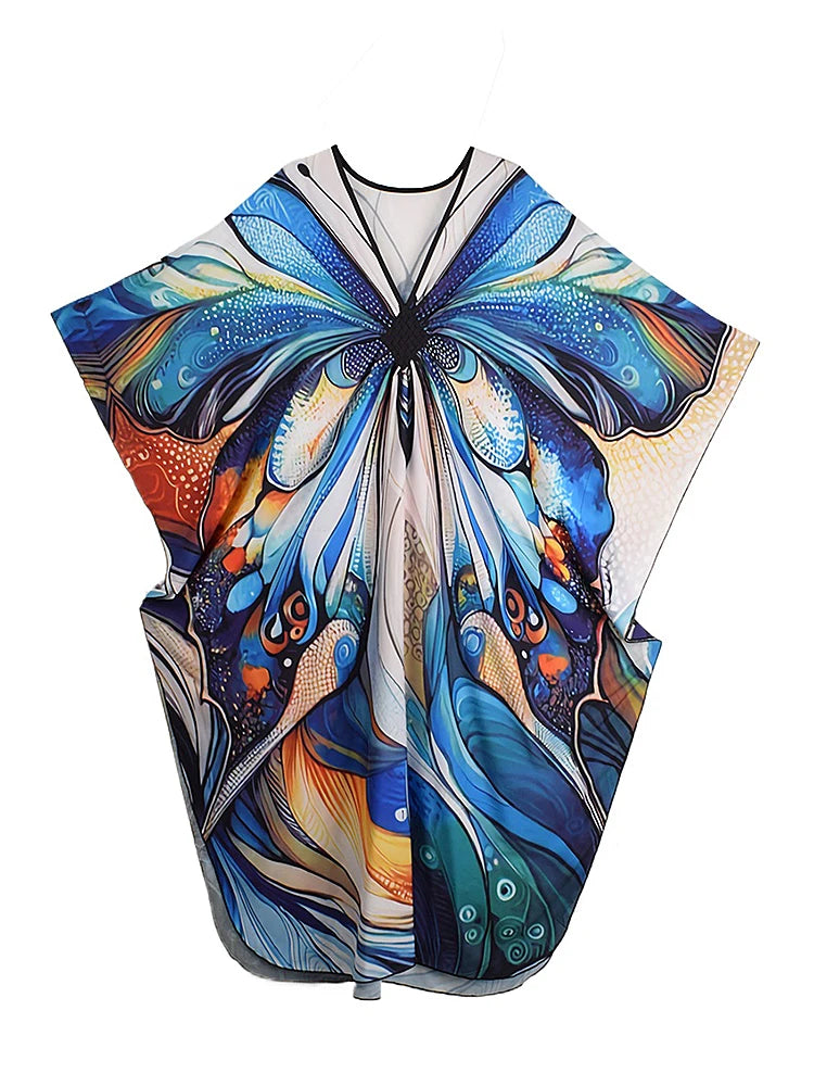 XITAO Pullover Contrast Color Dress Bat Wing Sleeve V-neck Butterfly Print Fashion Loose Vintage Summer Woman Dress  GJ1164
