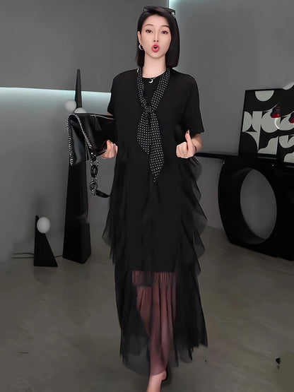 XITAO Mesh Patchwork Short Sleeve Dress A-line Solid Color Personality Pullover Edible Tree Fungus Summer Female Dress ZMY1372