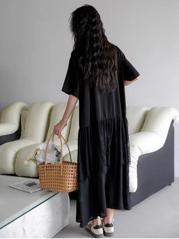 XITAO Patchwork Lace Pleated Women Dress Casual Loose Fitting A-line Simple Fashion Single Breasted Summer Women Dress ZMY1251
