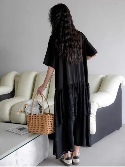 XITAO Patchwork Lace Pleated Women Dress Casual Loose Fitting A-line Simple Fashion Single Breasted Summer Women Dress ZMY1251