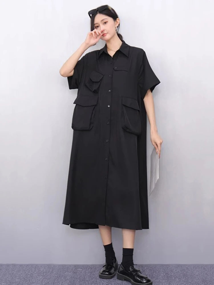 XITAO Loose Pocket Dress Fashion Temperament Simple Patchwork Women Casual Solid Color Single Breasted Shirt Dress ZMY1164