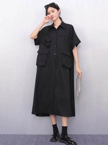 XITAO Loose Pocket Dress Fashion Temperament Simple Patchwork Women Casual Solid Color Single Breasted Shirt Dress ZMY1164