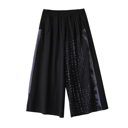 XITAO Print Patchwork Pocket Elastic Waist Pants Contrast Color Loose All Match Casual Slimming Summer Wide Leg Pants HQQ2482