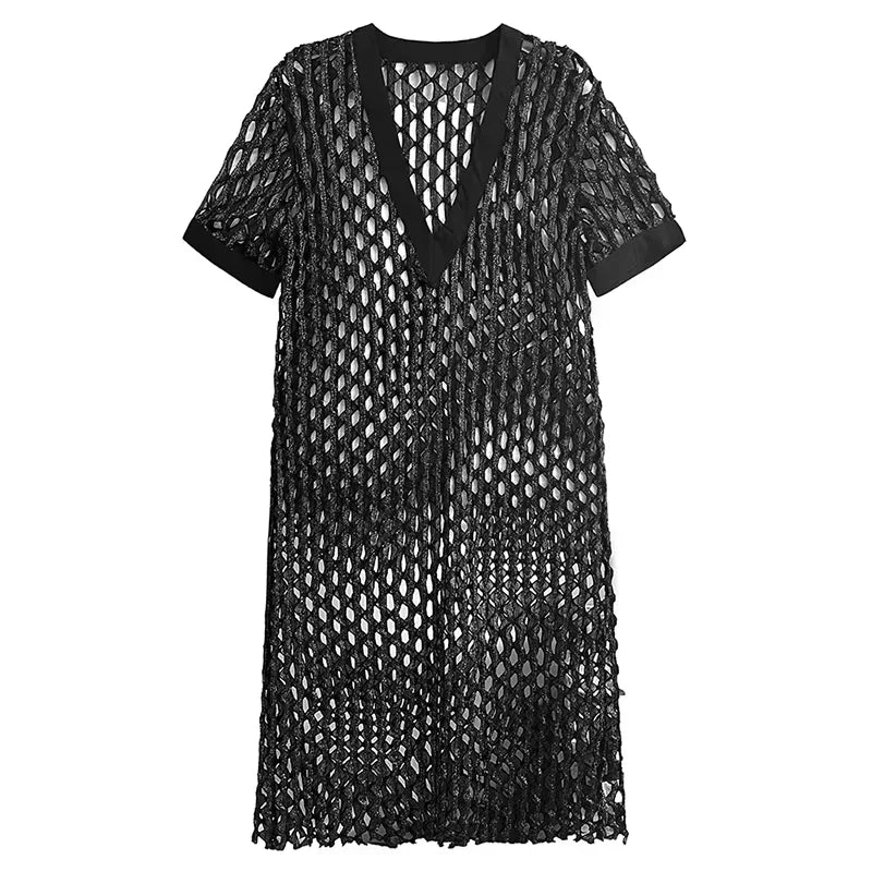 XITAO Hollow Out V-neck A-line Dress Short Sleeve Casual Loose Slimming All Match New Personality Summer Women Dress HQQ2467