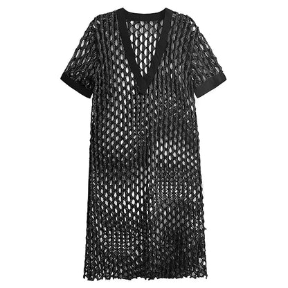 XITAO Hollow Out V-neck A-line Dress Short Sleeve Casual Loose Slimming All Match New Personality Summer Women Dress HQQ2467
