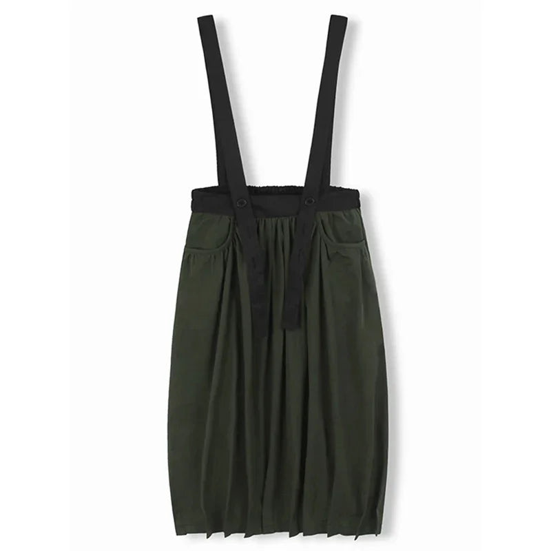 XITAO Contrast Color Fold Suspenders Skirt Pocket Patchwork Elastic Waist Loose Slimming All Match Casual Mid-calf Skirt GMM1250