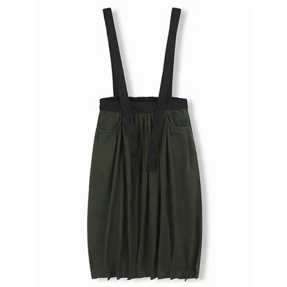 XITAO Contrast Color Fold Suspenders Skirt Pocket Patchwork Elastic Waist Loose Slimming All Match Casual Mid-calf Skirt GMM1250