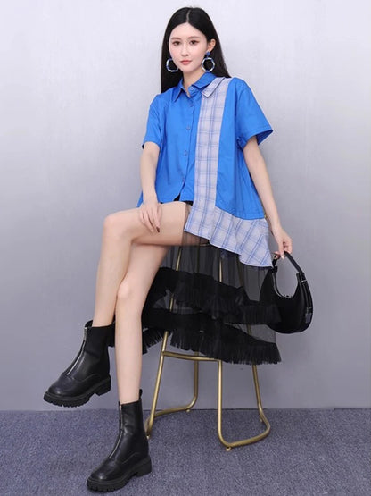 XITAO Gauze Irregular Contrast Color Dress Patchwork Turn-down Collar Single Breasted Casual Loose Summer Woman Dress ZMY1395