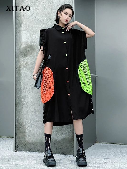 XITAO Contrast Color Pocket Rivet Patchwork Women Dress Shirring Short Sleeve Turn-down Collar Temperament Shirt Dress ZY8942