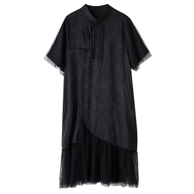 XITAO Loose Mesh Patchwork Female Dress Casual Vintage Tassel Women Summer Short Sleeve Irregular Goddess Fan Dress HQQ2480