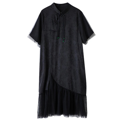 XITAO Loose Mesh Patchwork Female Dress Casual Vintage Tassel Women Summer Short Sleeve Irregular Goddess Fan Dress HQQ2480