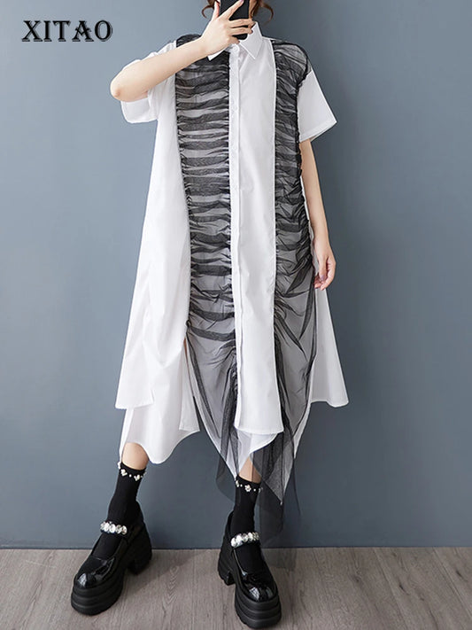 XITAO Asymmetric Pleated Mesh Single Breasted Dress Turn-down Collar Solid Color A-line Sweet Summer Women Dress GYX1625