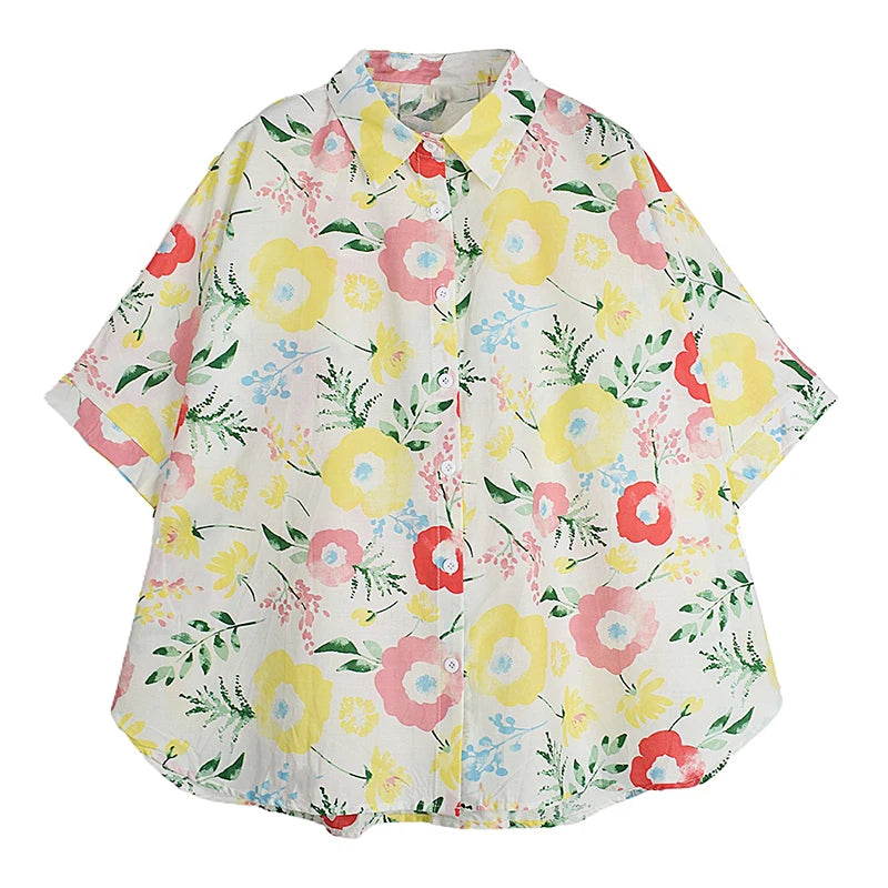 XITAO Pint Flower Single Breasted Lapel Shirt Casual Loose Fitting Batwing Sleeve Turn-down Collar Summer Women Blouse GYX1557