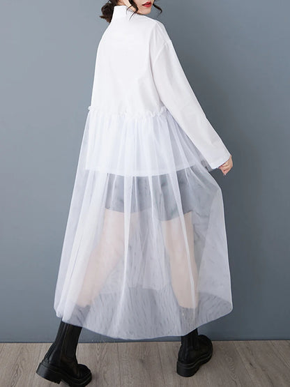 XITAO Irregular Patchwork Mesh Pleated Dress Casual Turn-down Collar Single Breasted Buckle Full Sleeve New Women Dress GYX1509