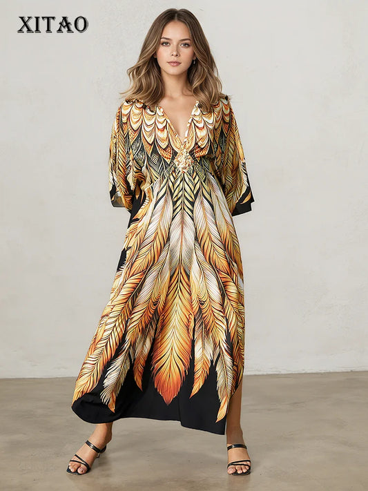 XITAO V-neck Side Slit A-line Dress Bat Wing Sleeve Loose Print Slimming All-match Pullover Elegant Summer Woman Dress GJ1199