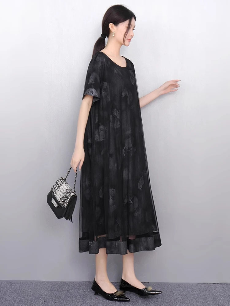 XITAO Loose Mesh Patchwork Print Female Dress Fashion Elegant Trend A-line Women Short Sleeve O-neck Pullover Dress ZMY1250