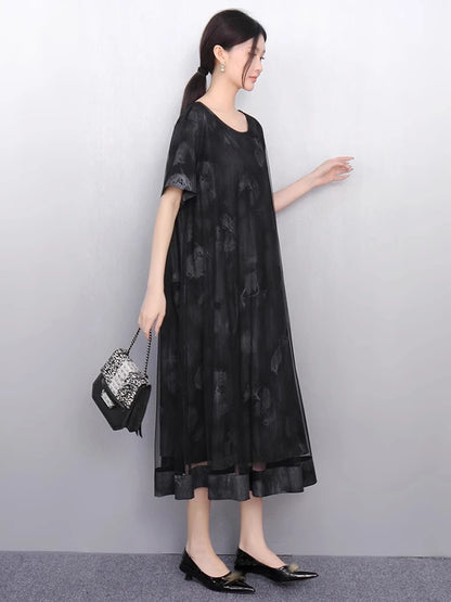 XITAO Loose Mesh Patchwork Print Female Dress Fashion Elegant Trend A-line Women Short Sleeve O-neck Pullover Dress ZMY1250