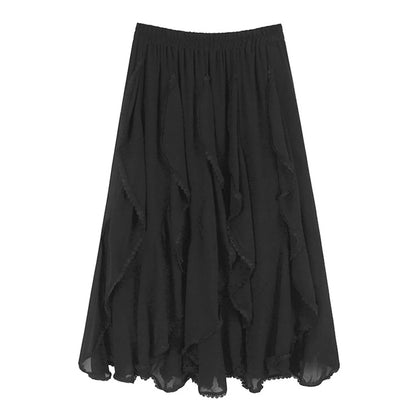 XITAO Ruffles Irregular Skirt Solid Color Mesh Patchwork All-match Women Loose A-line Elastic Waist All-match Skirt GYX1639