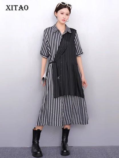 XITAO Irregular Contrast Color Dress Patchwork Striped Short Sleeve Turn-down Collar Temperament Summer Woman Dress ZMY1277
